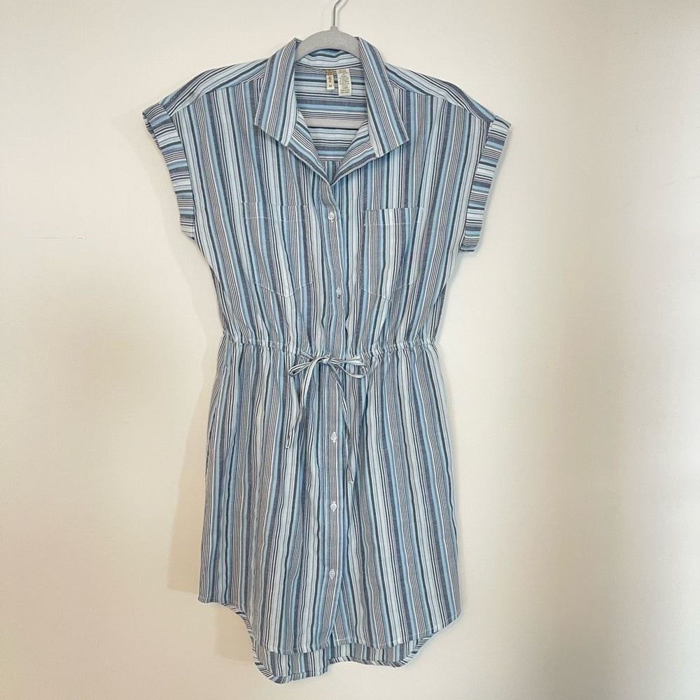 Japna Striped Cotton Pockets Button Up Shirt Dress Sz M